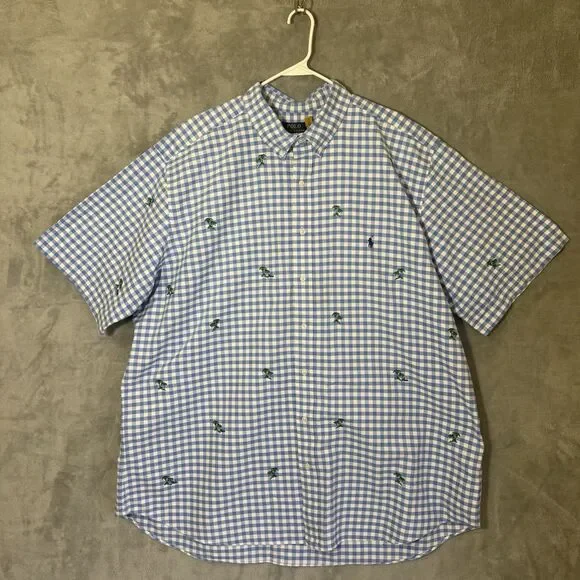 Polo Ralph Lauren Shirt Men 3XLT Tall Blue White Check Button Up SS Palm Trees